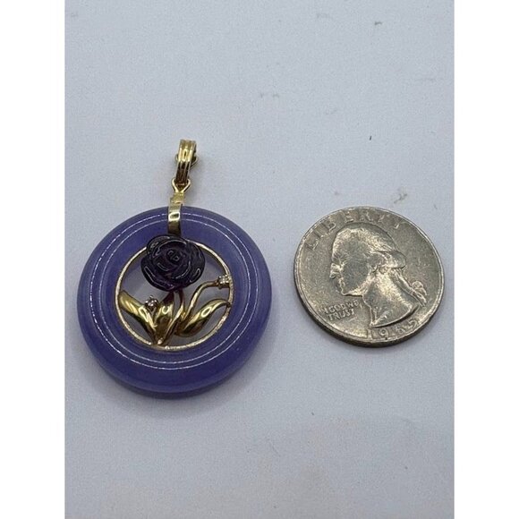 Vintage EA 14K Yellow Gold Amethyst Diamond and Lavender Jadeite Jade Pendant - Picture 8 of 9